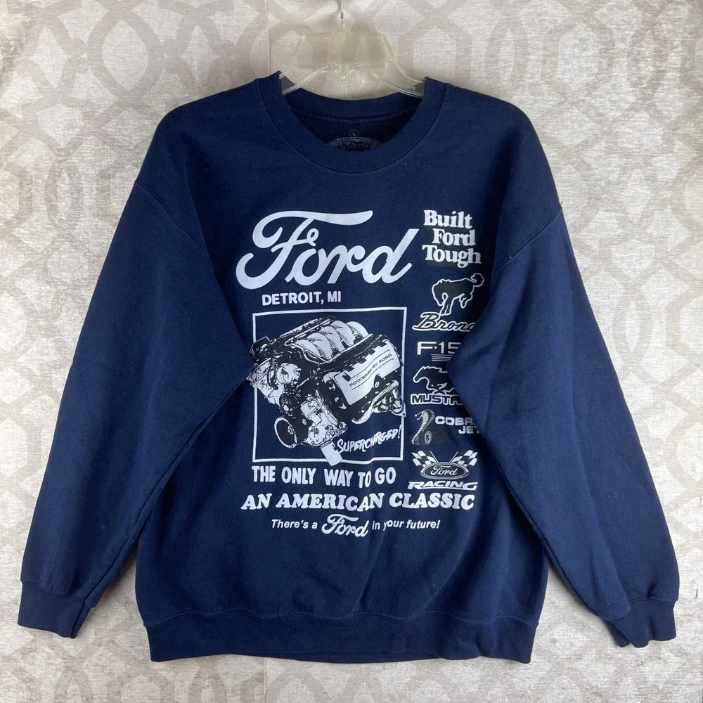 Ford Sweatshirt Mens Large Navy Blue Graphic Engine Racing Pullover